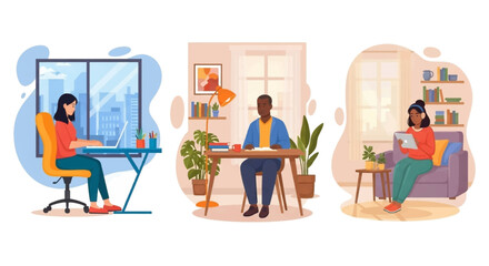 Diverse individuals working and learning remotely or enjoying digital leisure from their comfortable home environments, showcasing modern work-life balance and online productivity.