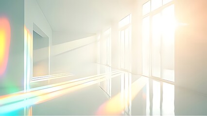 Fototapeta premium Soft white light floods a minimal room, spreading rainbow reflections across the glossy surface. The glowing windows create a serene, futuristic interior filled with warmth, openness, and gentle elega