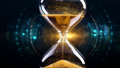 futuristic hourglass with golden particles and binary code flow