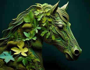 horse sculpture composed of moss and layered forest leaves