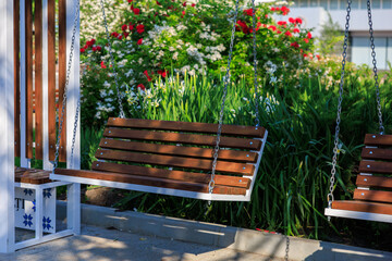 Wooden swing seat in vibrant flower garden on sunny day