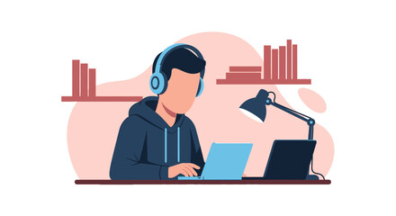 Focused person wearing headphones works on a laptop at a desk, surrounded by tech. Represents remote work, online learning, or digital productivity.