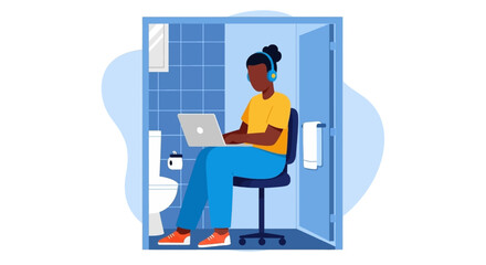 Focused person with headphones works on a laptop in a small bathroom, illustrating the adaptability and challenges of remote working.
