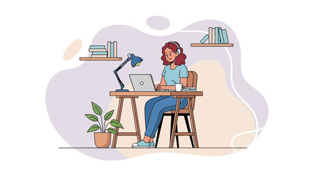 Happy woman focused on remote work or online learning at her home office, embodying productivity and modern lifestyle.