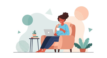 A happy woman works remotely or studies from home, comfortably seated in an armchair with a laptop and coffee. Perfect for themes of productivity, online education, and modern lifestyle.