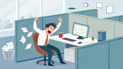 Frustrated businessman in an office cubicle, yelling and throwing papers. Illustrates intense workplace stress, burnout, and overwhelming tasks. Ideal for business and mental health campaigns.