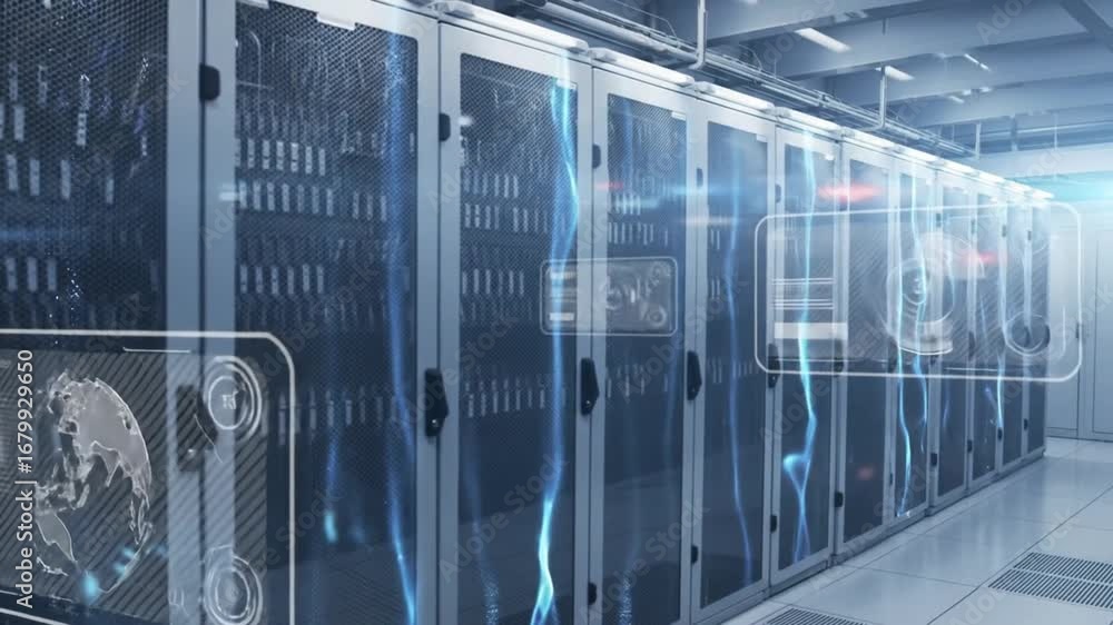 Poster a sleek, modern data center showcases rows of server racks, their digital interfaces glowing. the im