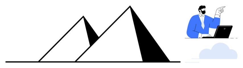 Minimal pyramids and a person working at a laptop. Ideal for progress, business growth, creativity, guidance, strategy, innovation, analytics. Represents a simple flat metaphor