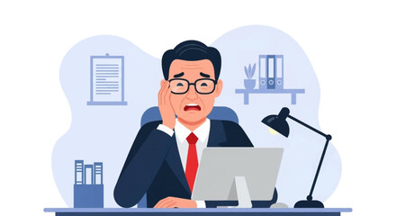 Stressed businessman at his office desk, overwhelmed by work pressure. Concept of burnout, anxiety, and too much workload in a corporate environment.