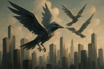 Obraz premium Surreal Skyline of Metallic Birds