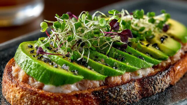 Gourmet Avocado Toast with Tuna Salad and Microgreens: Healthy Breakfast or Brunch Food Photography