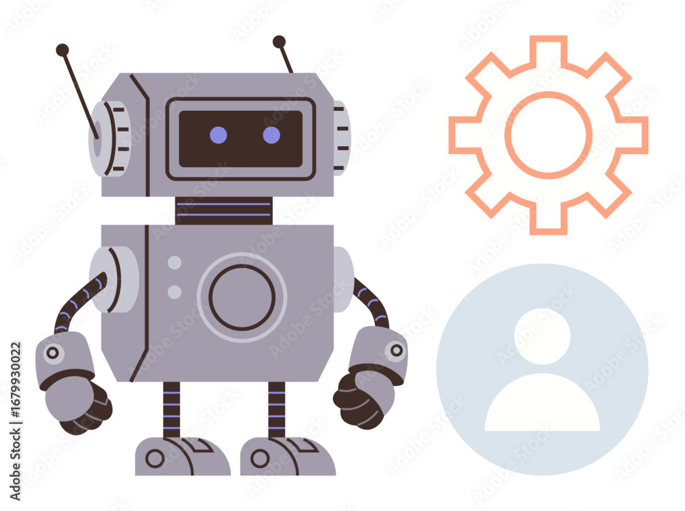 Poster friendly robot character standing by a gear and profile icon, showcasing technology, automation, per