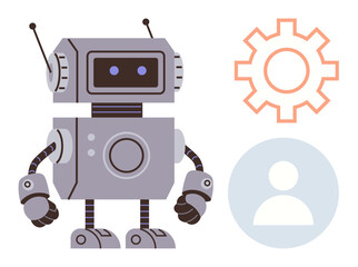 Friendly robot character standing by a gear and profile icon, showcasing technology, automation, personalization, AI integration, robotics innovation, futuristic themes, simple flat metaphor