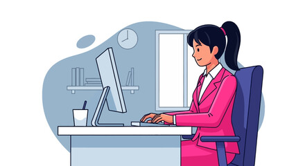 Professional businesswoman happily working at her office desk on a computer. Ideal for business, technology, and productivity themes.
