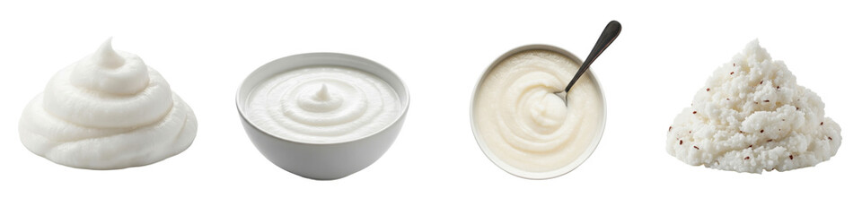 Yogurt and tapioca pudding in bowls. Food, dairy, breakfast, dessert, snack, creamy, smooth, sweet, healthy, nutrition, gourmet.