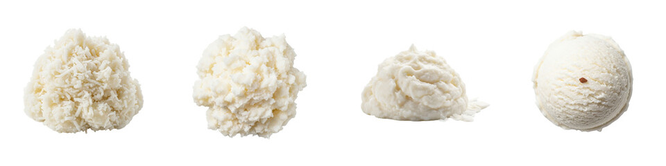 Four scoops of white ice cream textures in row. Dessert, dairy, frozen, sweet, indulgence, delicious, smooth, treat.