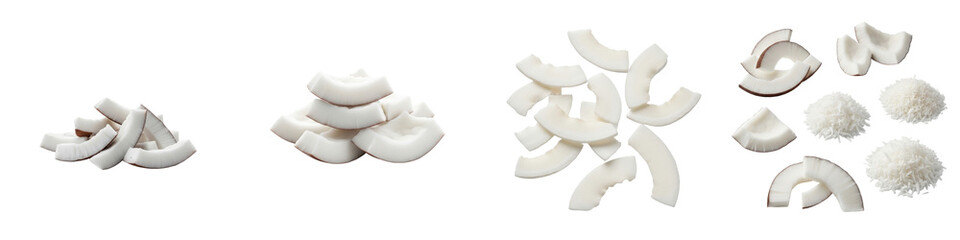 Coconut pieces and shreds arranged on a white surface. Food, ingredient, tropical, healthy, vegetarian, cooking, dairy-free, fresh.