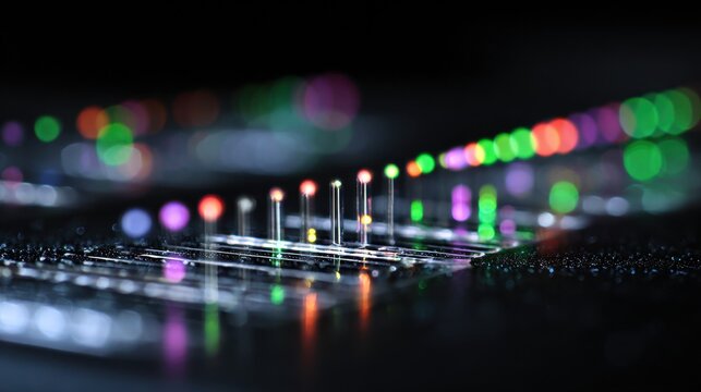 Focused medium shot featuring fluorescently labeled long noncoding RNA probes on microarray chips during the QC process background softly diffused.
