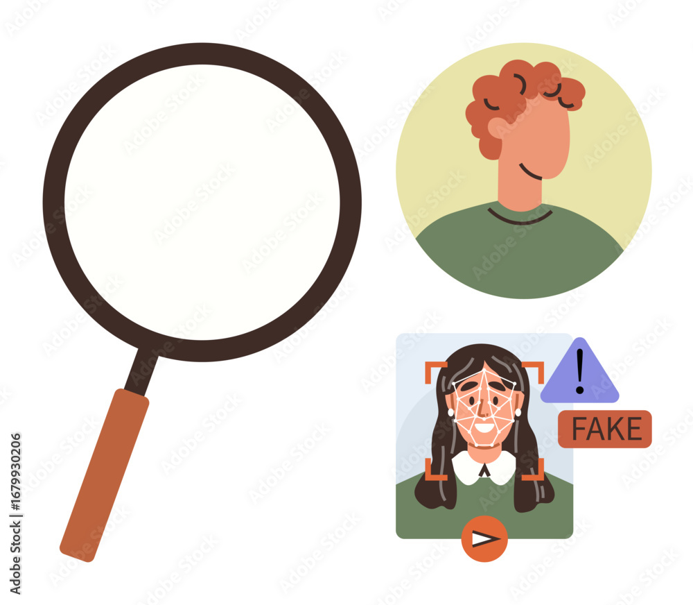 Poster magnifying glass, profile avatar of a person, and ai-detected deepfake alert with a face scan and wa
