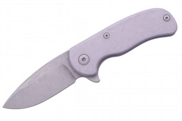 Closed folding pocket knife featuring a damascus steel blade and textured handle scales, isolated on transparent background