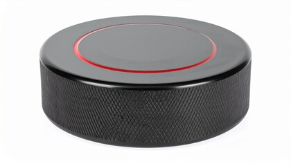 Black cylindrical smart device with red ring indicator&mdash;minimalist tech design blending tactile texture and smooth surfaces