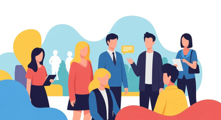 Diverse group of professionals communicating and collaborating in a vibrant, modern business setting. Ideal for themes of teamwork, discussion, and networking.
