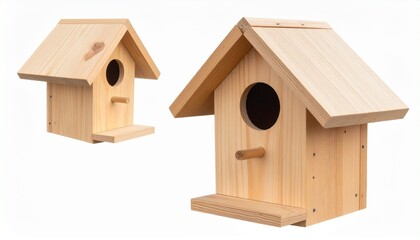Natural wood birdhouse with triangular roof, circular entrance, and small perch