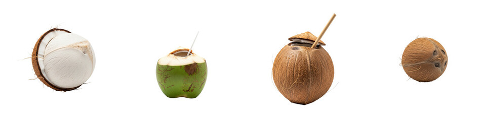 Assortment of coconuts, whole and cut open. Fresh drink, exotic fruit, tropical refreshment, healthy diet, summer, natural food, vegetarian, vegan.