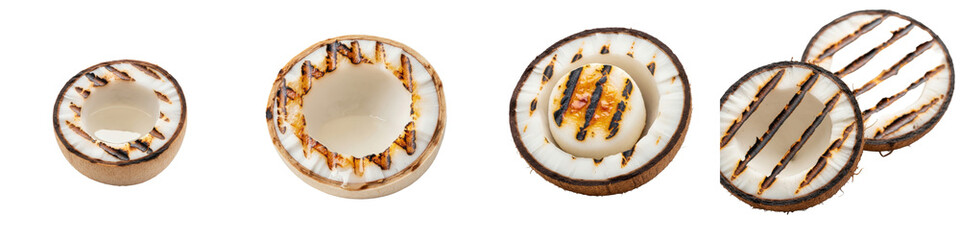 Grilled coconut halves on display. Tropical fruit, barbecue, summer snack, sweet dessert, exotic food, island cuisine, vegetarian, healthy eating.