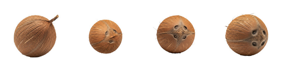 Coconuts are displayed in a row. Tropical fruit, healthy, brown, food, diet, exotic, ingredient