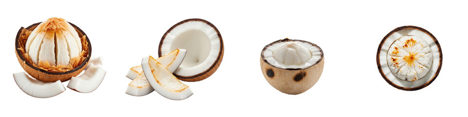Coconuts sliced and halved on white backdrop. Tropical fruit, healthy diet, vegetarian food, ingredient, cooking, fresh