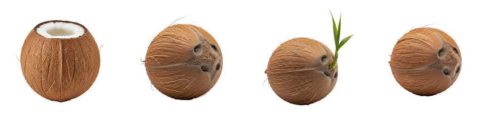 Coconuts in various forms and growth stages displayed. Tropical fruit, food, healthy, growth, tropical, exotic.