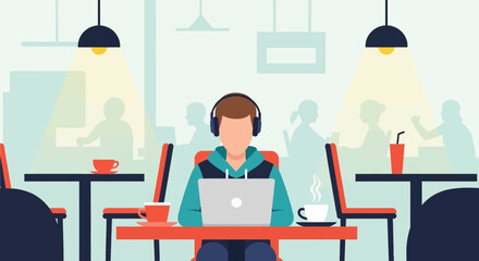 Focused person working remotely on a laptop with headphones in a modern cafe. Ideal for concepts like freelance work, digital nomad lifestyle, and online learning.