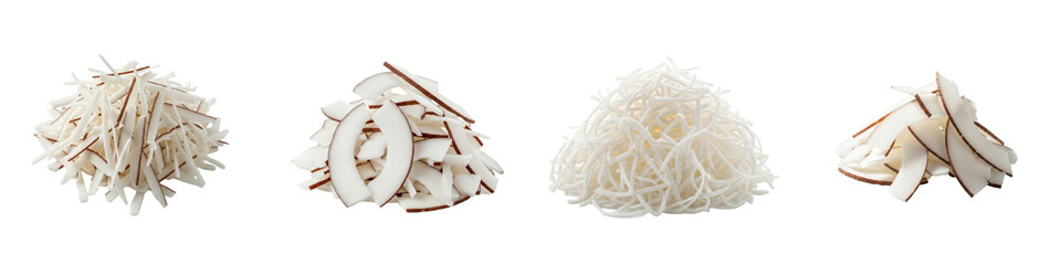 Coconut shreds and flakes are displayed. Shredded, sliced, and shaved coconut meat, healthy ingredient, tropical, cooking, dessert, food preparation, raw, dried, vegan