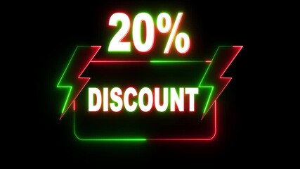  Neon Glowing 20% discount offer icon animation. text latter price offer shop sale bonus animated sign symbol on black background. Suitable for promotion, seamless looping 4K motion video - Powered by Adobe