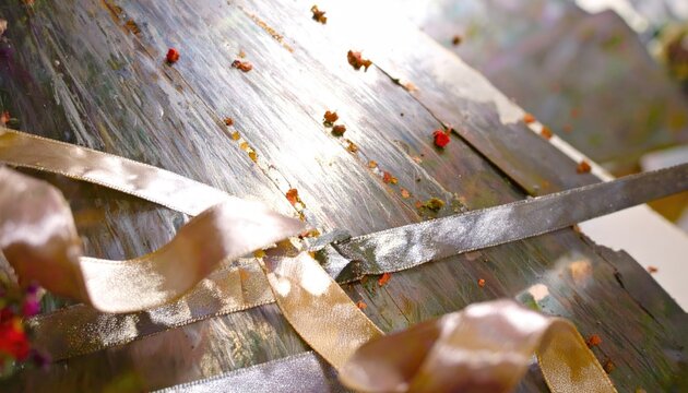 Gold and Brown Metallic Ribbons on a Textured Surface