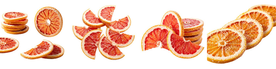 Citrus slices arranged on white surface. Fruit, vitamin, fresh, healthy, diet, nutrition, sweet, dessert, food photography.