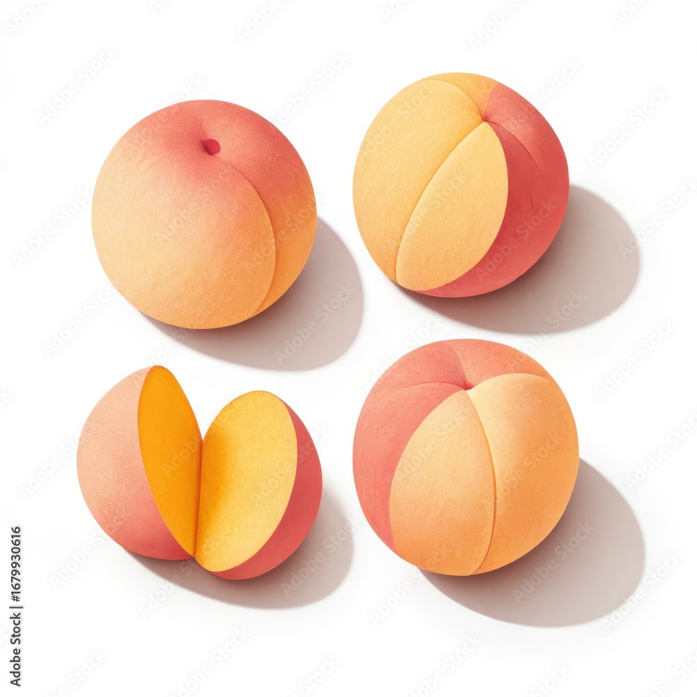 Poster four peaches isolated on white background in a square layout with shadows