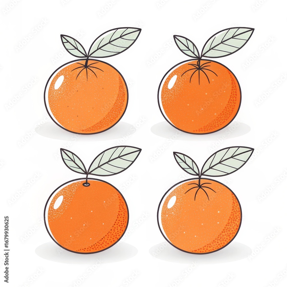 Poster four oranges with leaves isolated on white background in a simple style