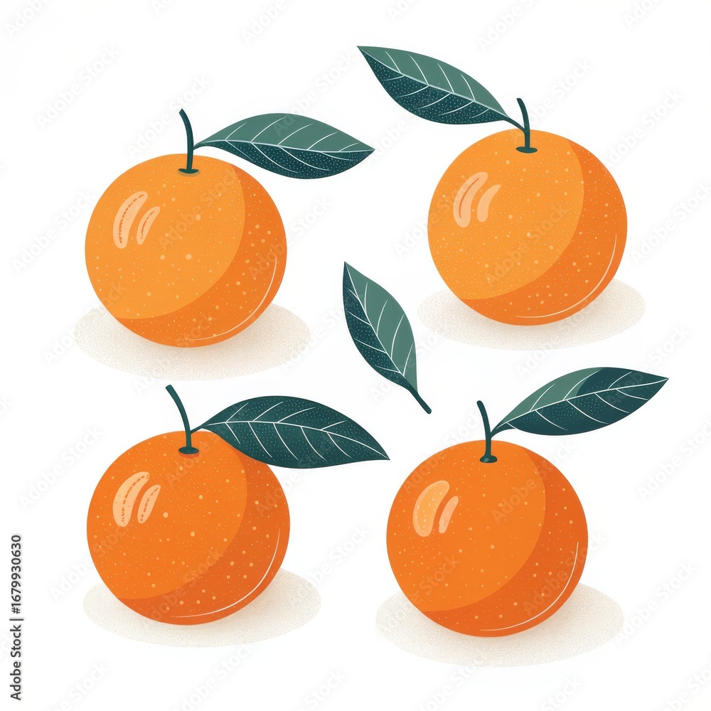 Poster four oranges with leaves isolated on white background in a square layout