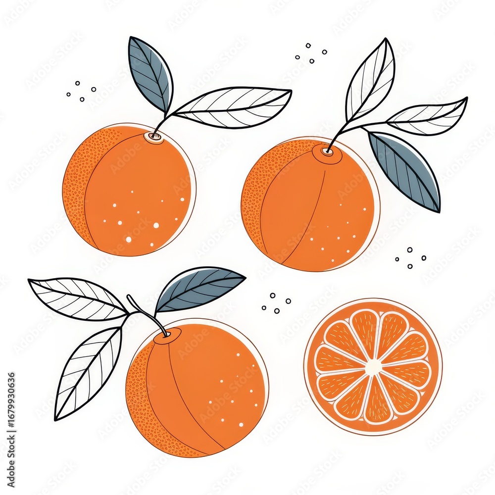 Poster oranges with leaves isolated on white background in a simple style design