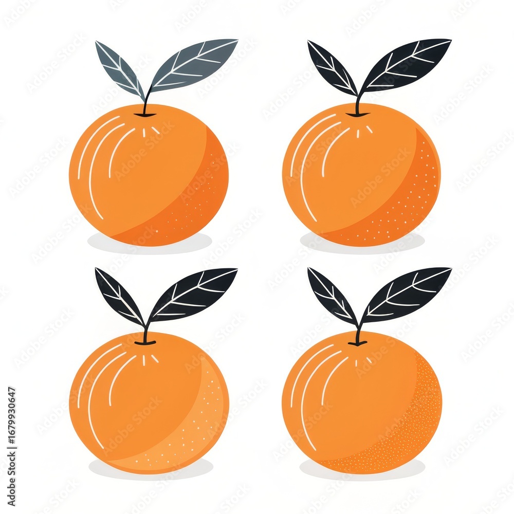 Poster four oranges with leaves isolated on white background in a simple style design