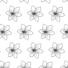 Mountain Snowbell or Soldanella alpina flower Seamless Pattern Hand drawn vector line art, Black and White Flower isolated in white. Beautiful design for textile, wallpaper, wrapping paper