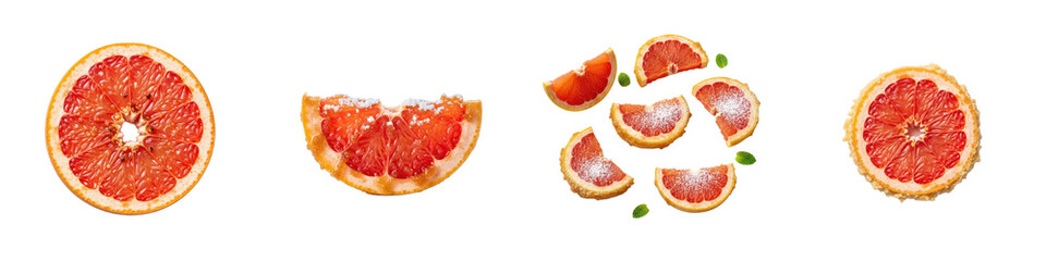 Citrus slices with powdered sugar arrangement. Still life, fruit photography, food, health, freshness, delicious