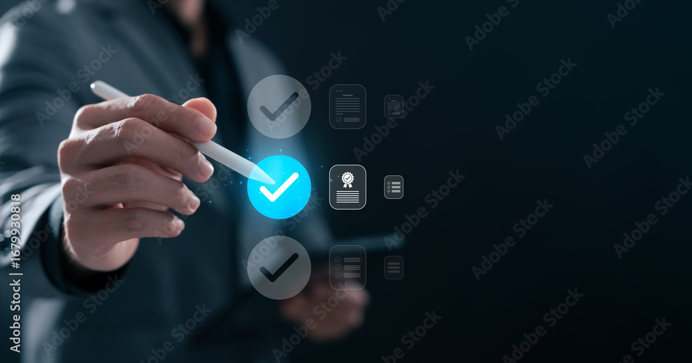 Poster task management concept showing businessman hand using stylus with digital check mark and checklist 