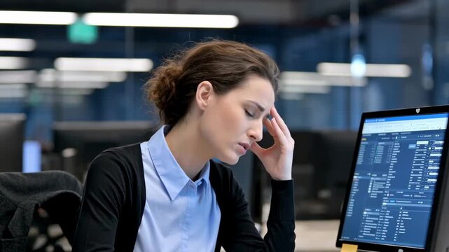 European businesswoman experiencing work stress and headache while analyzing financial data on computer in modern office environment