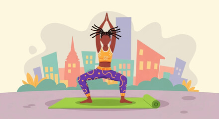 Fototapeta premium Black woman practicing yoga in a city setting, promoting wellness, fitness, and a balanced urban lifestyle.