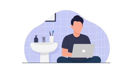 A person works on a laptop while sitting cross-legged on the floor in a bathroom, illustrating the flexibility and challenges of remote work and modern lifestyles.