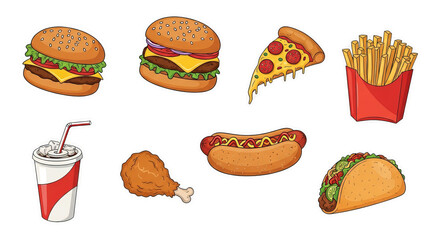 Fast food items including burgers, pizza, fries, and more are displayed in a cartoon style on a isolated background.