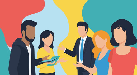 Diverse group of professionals collaborating and communicating in a dynamic business setting. Represents teamwork, discussion, and problem-solving among colleagues.